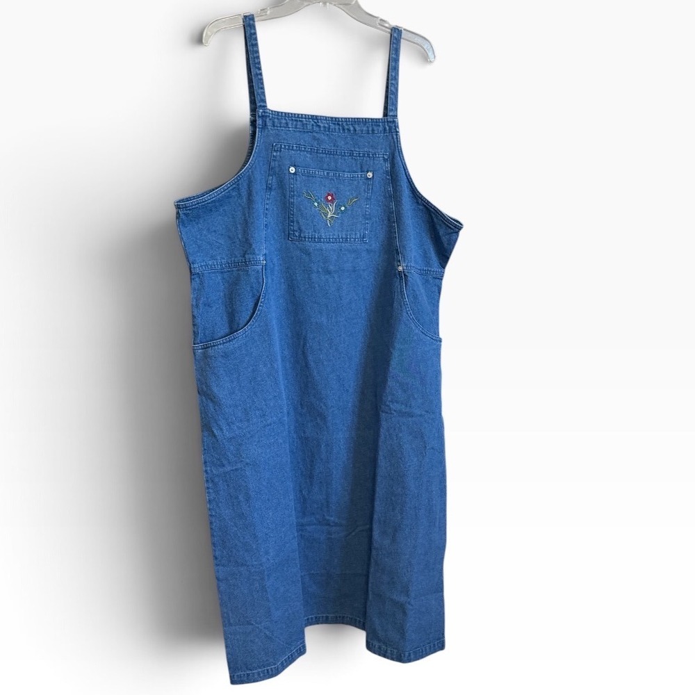 Denim & Co Jumper Dress Womens 1X Blue Embroidered Vintage Denim Pinafore Midi